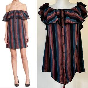 WAYF Mini Dress Striped Off the Shoulder  Pom Pom Ruffle Lined Boho Beachy Sz L